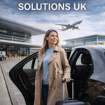 Attractive woman arriving at the airport with luggage using onward travel solutions uk for smooth and comfortable airport transportation