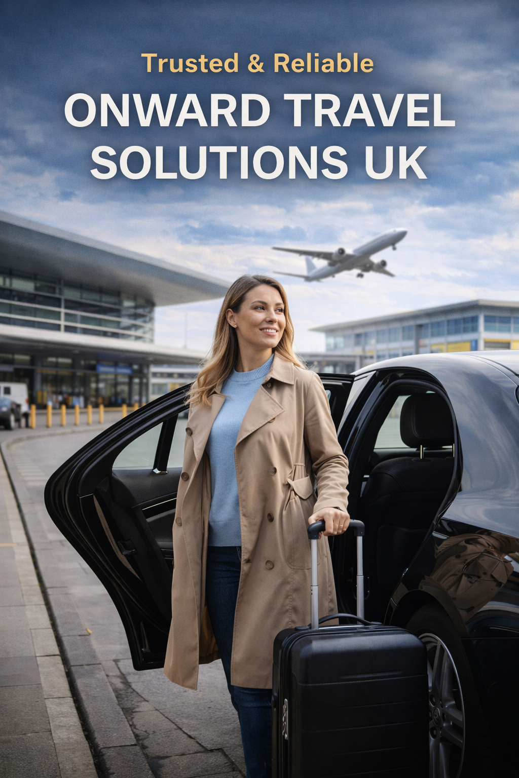 Attractive woman arriving at the airport with luggage using onward travel solutions uk for smooth and comfortable airport transportation